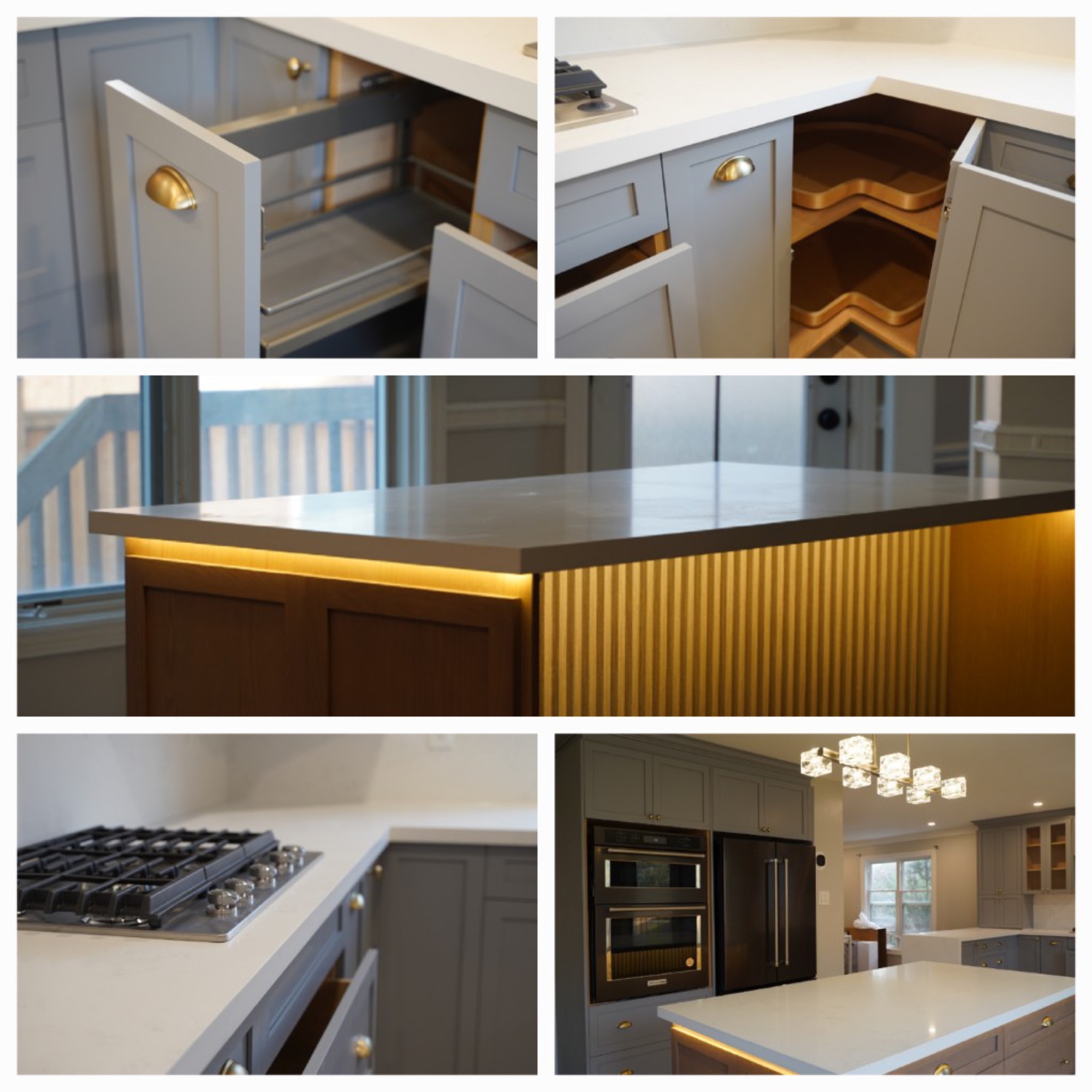 Waterfall countertop with lit wine rack