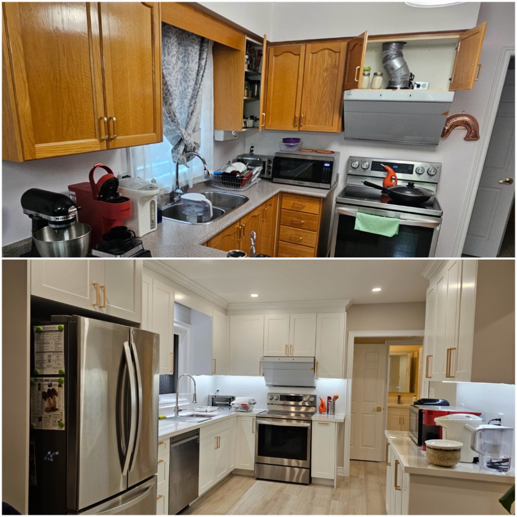 White cabinetry, quartz backsplash, and warm lighting